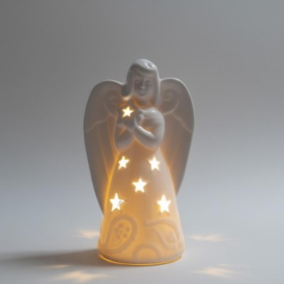 angelo custode luminoso in porcellana bianca lucida (h 19 cm) - design con fori a stella e tea light inclusa