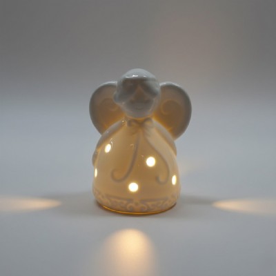mini angelo luminoso in porcellana bianca lucida (h 11 cm) - perfetto per bomboniera con tea light inclusa