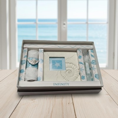 set regalo portafoto quadro tema mare in resina con salvietta 100% cotone e sali da bagno menta