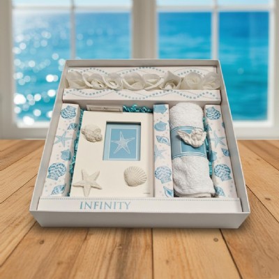 set regalo portafoto resina tema mare con lavette 100% cotone e petali di sapone