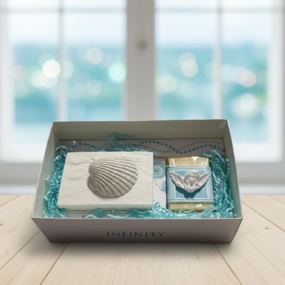 set regalo portasapone conchiglia in resina grezza e saponetta vegetale al sandalo