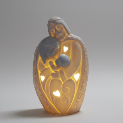 sacra famiglia luminosa in porcellana bianca lucida (h 19 cm x l 11 cm) - con tea light inclusa