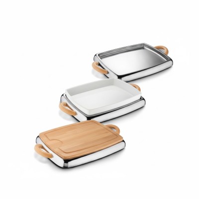 set arrosto lagostina wood & style � vassoio inox, pirofila porcellana e tagliere in legno